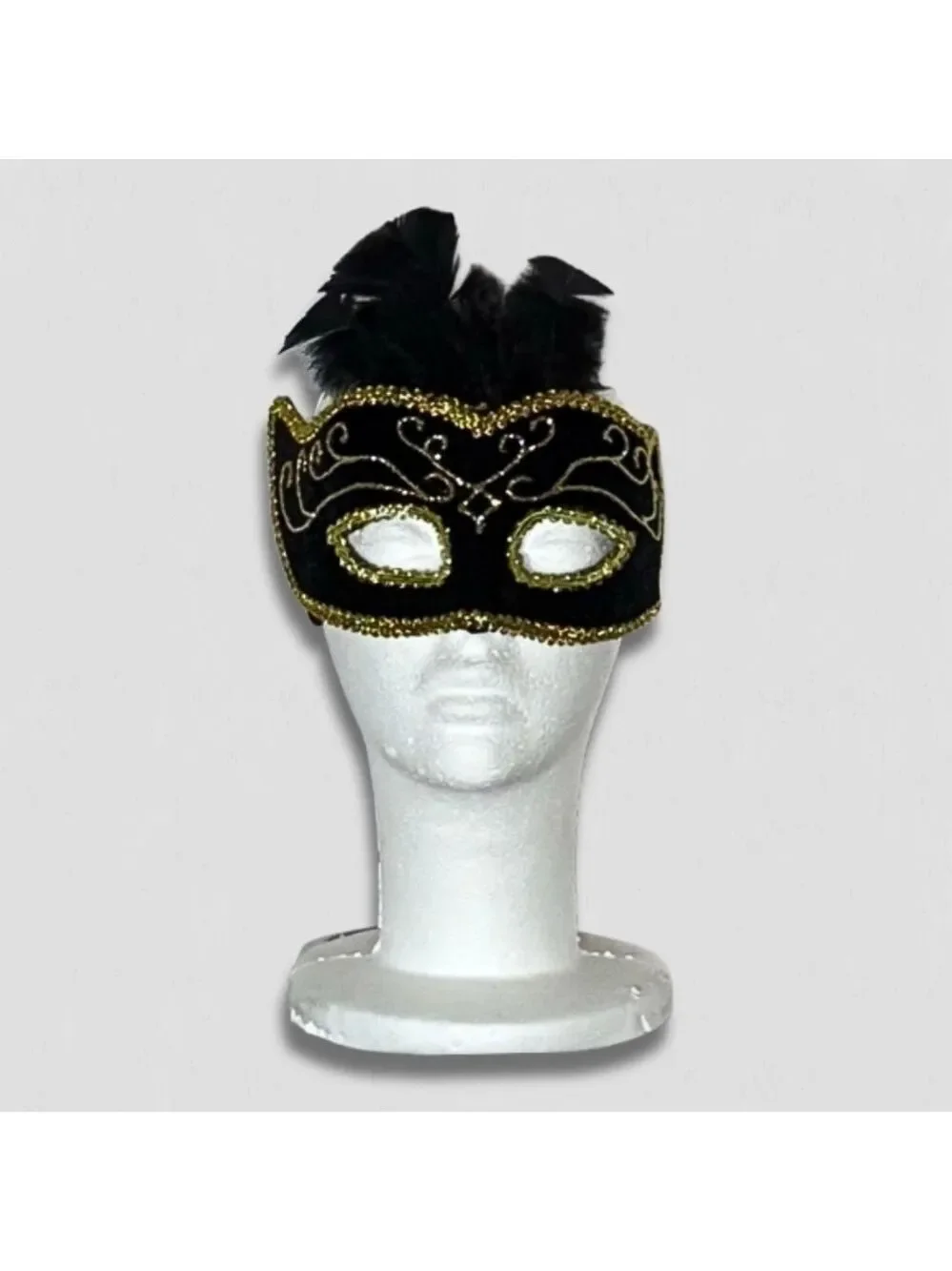 Masquerade Mask Black and Gold Embroidery Feathers OS